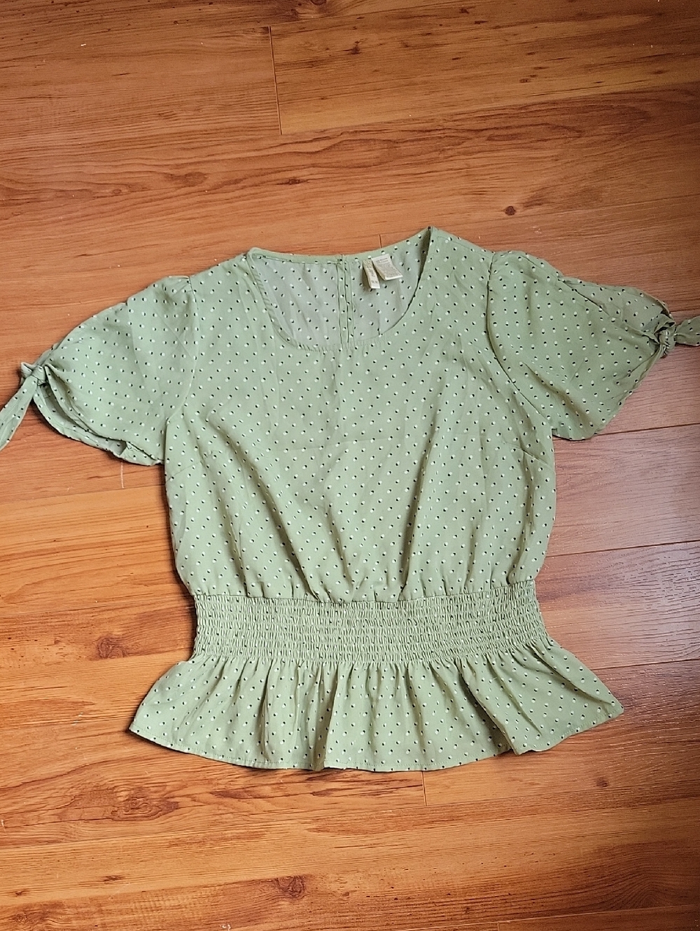 Japna Sage Green Smocked Peplum Blouse with Tie Sleeves